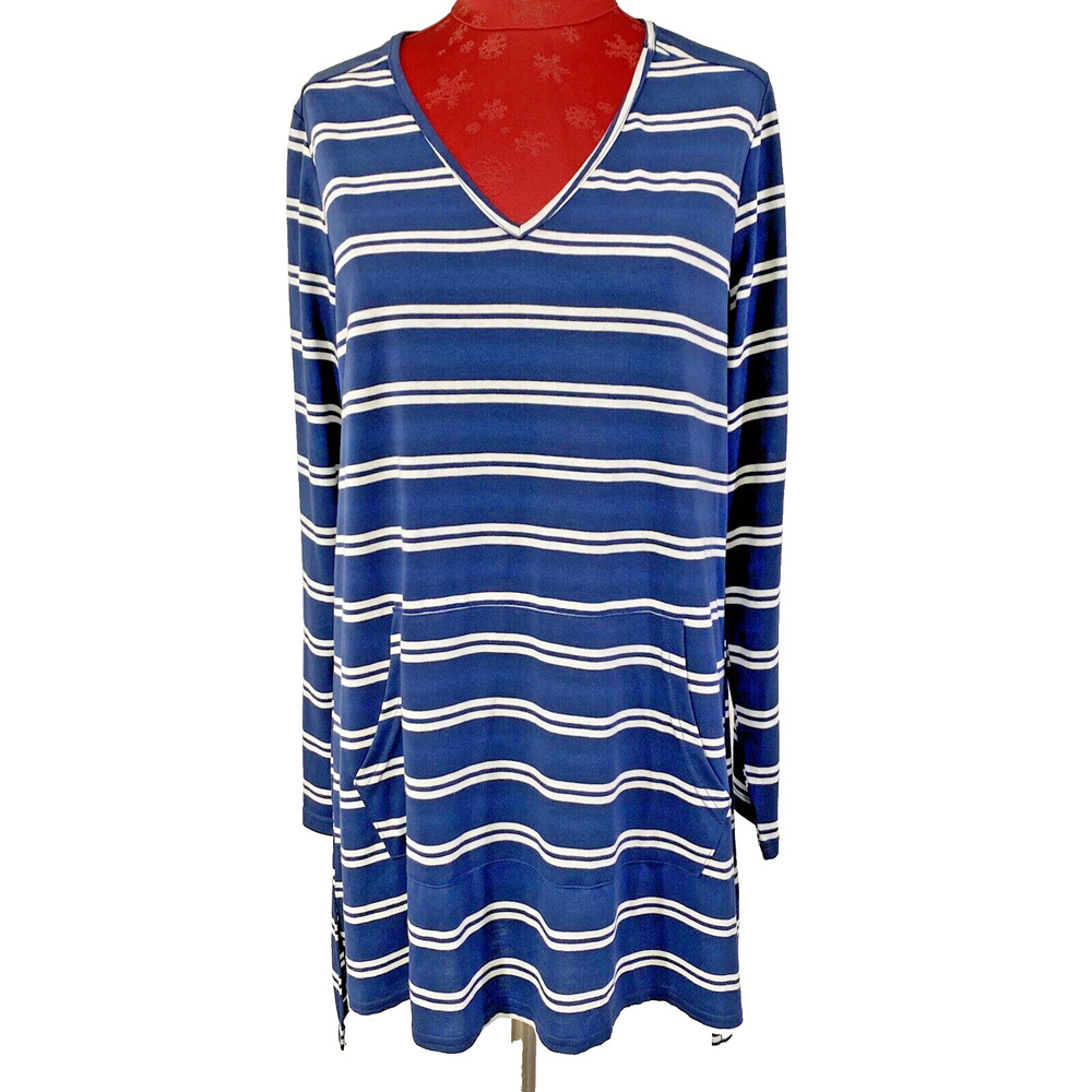 Luukse Short Dress Tunic Top Navy White Stripe Long Sleeve Front Pocket Size L